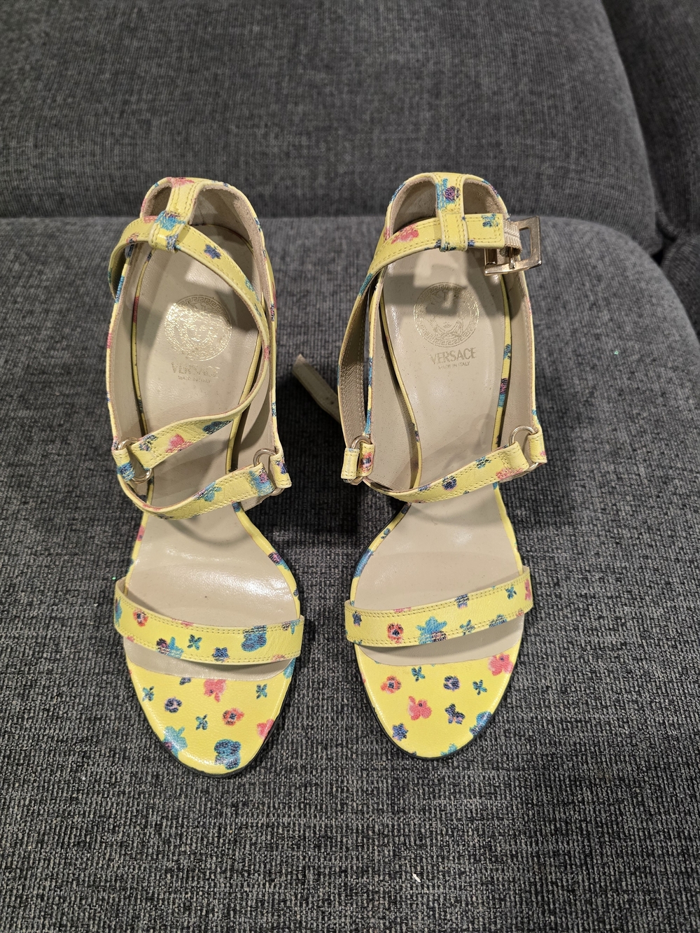 Versace Yellow Floral Strappy Heels with Multicolor Blooms